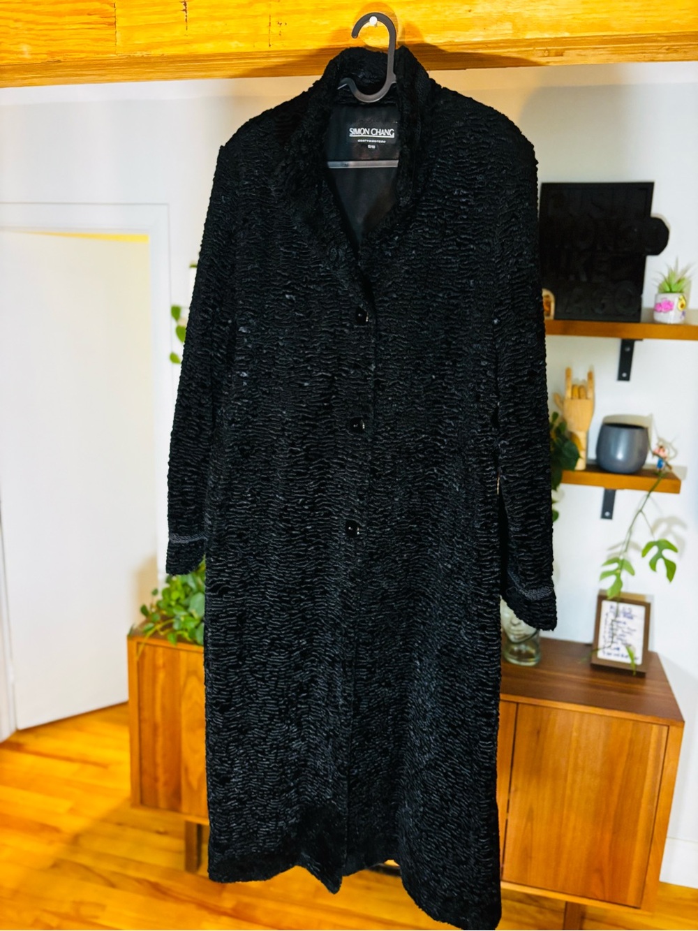 VTG Simon Chang Black Astrakhan Faux Fur Long Coat - Pristine M/L